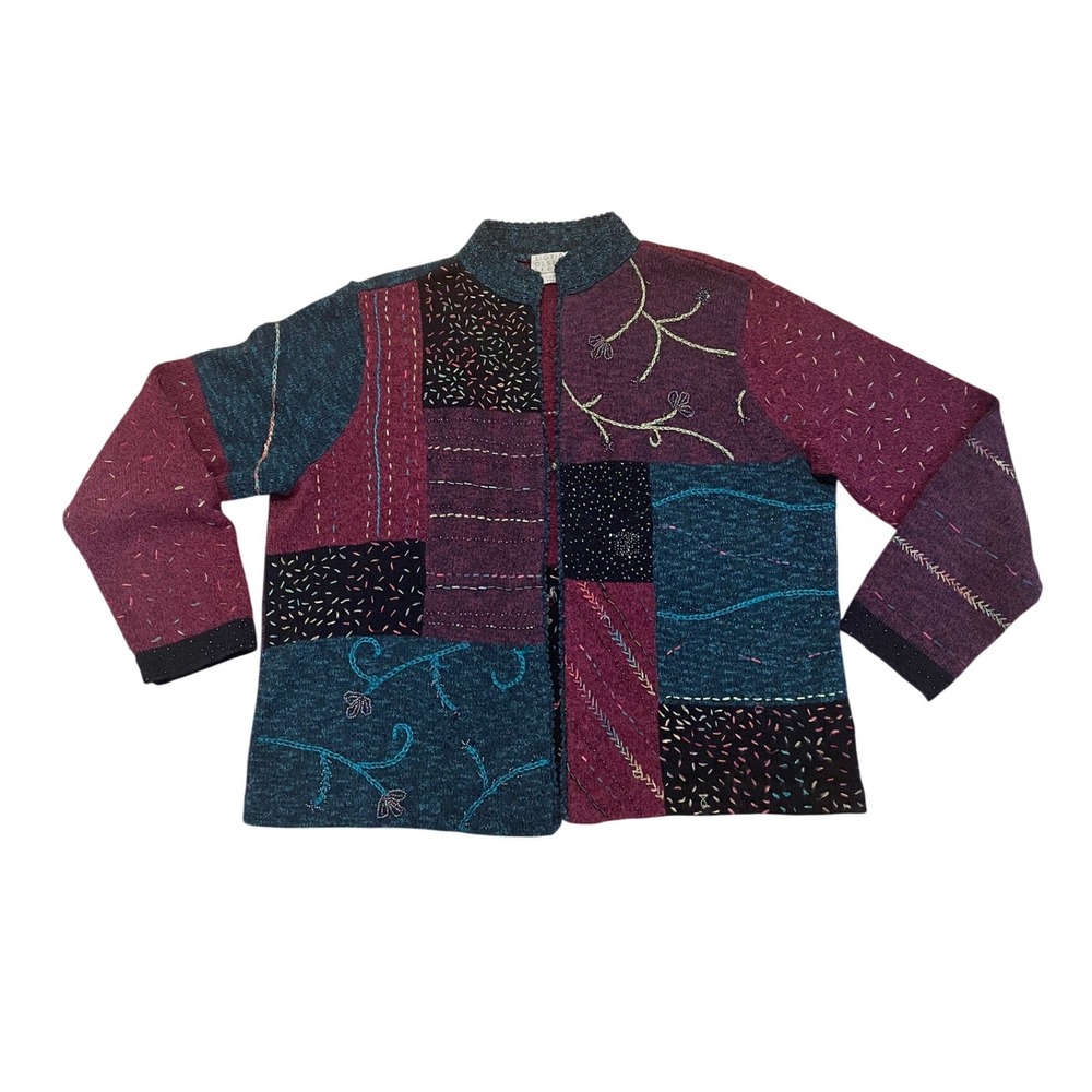 Sigrid Olsen Sport Cardigan Y2K Petite Medium Patchwork Embroidered Beaded